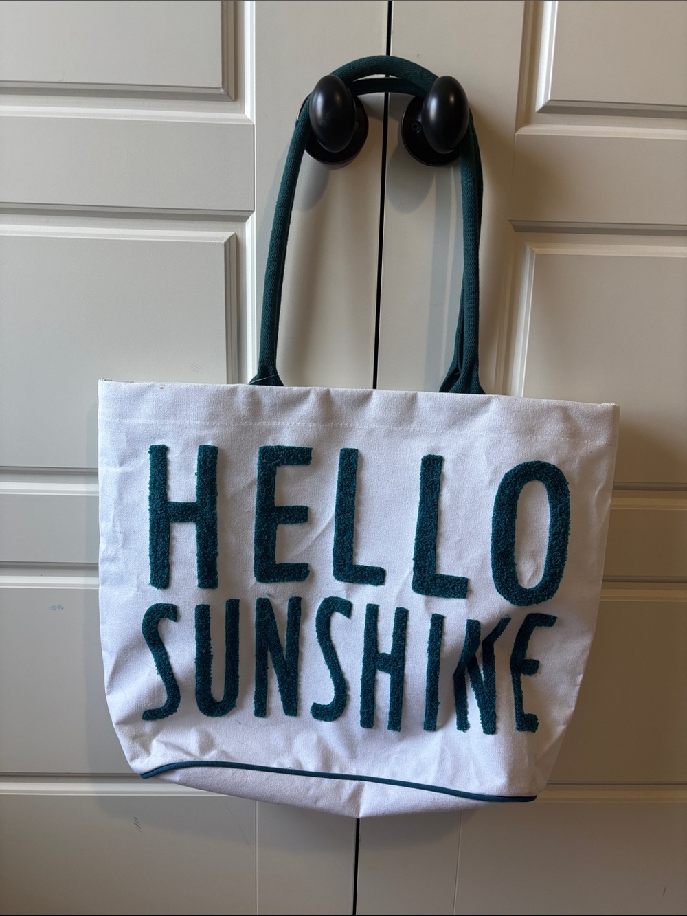 The Spring Shop White Canvas 'Hello Sunshine' Tote with Teal Accents